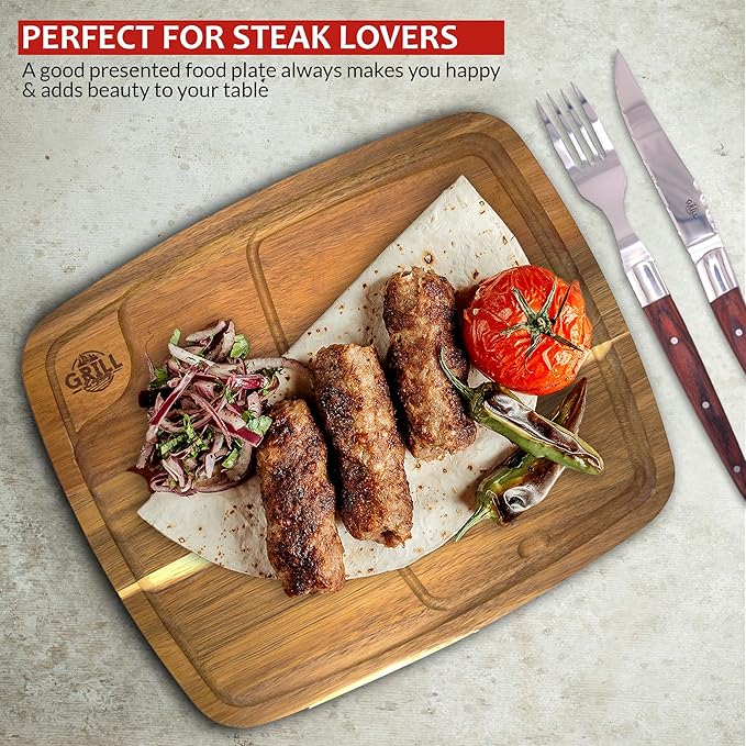 Grill Legacy Wooden Steak Plate Set (2 pack) - Complete Steak Plate for Eating with Premium Steak Knives and Forks - The Ultimate Gift for Steak Lovers.