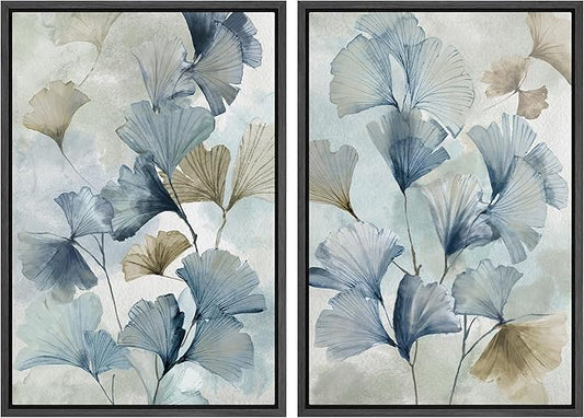 MUDECOR Framed Canvas Print Wall Art Blue Ginkgo Flower Illustrations Modern Art Decorative Bohemian Colorful Chic for Living Room, Bedroom, Office - 24"x36"x2 Black