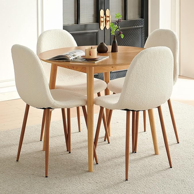 Faux Fur Dining Chairs Set of 4, Modern Upholstered Dining Room Chairs with Oak Look Foiled Steel Legs, Armless Kitchen Chairs for Living Room, White