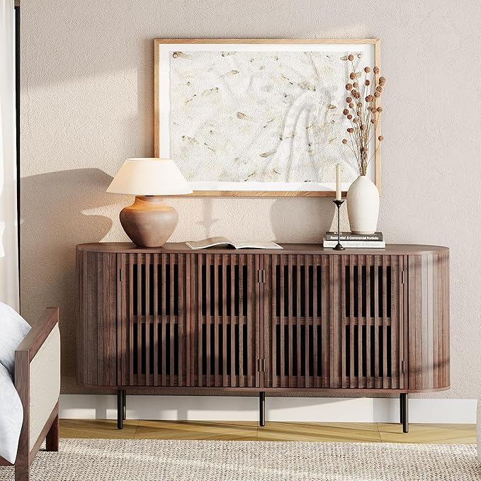 WAMPAT 66" Fluted Sideboard Buffet Cabinet, Wood Storage Cabinet with 4 Doors, Mid Century Modern Credenza for Dining Room, Living Room, Kitchen, Walnut