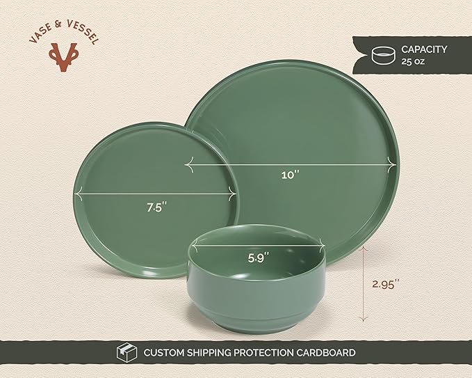 Vase and Vessel Ceramic Dinnerware Set, 12-Piece Service for 4, Round, Microwave and Dishwasher Safe, Cambridge Classics (Dusty Jade)