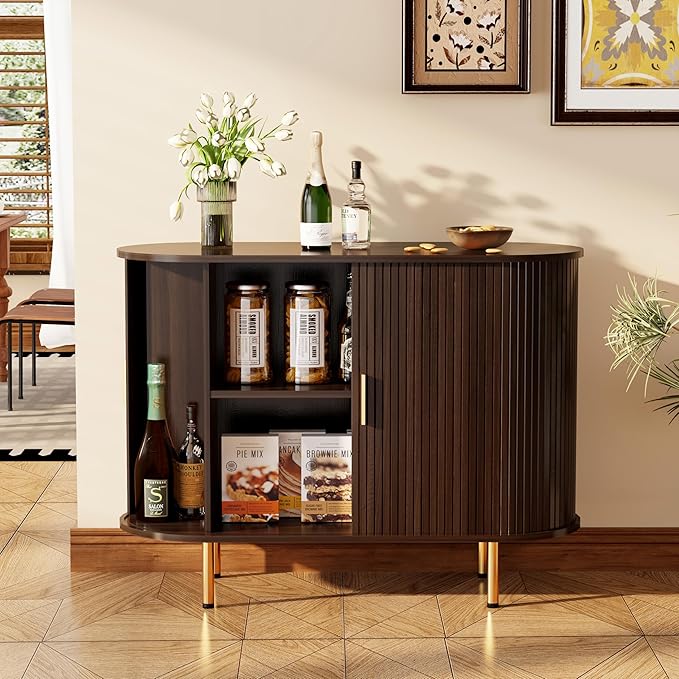 DHH Sideboard Buffet Cabinet with Storage,Mid Century Modern Fluted Accent Coffee Bar Console Table,Tambour Sliding Doors& Adjustable Shelf for Kitchen, Living Room, Entryway(Dark Walnut, 40 Inch)