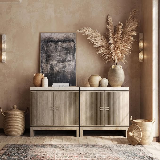 BELLEZE Set of 2 Anton 2 Door Sideboard Buffet Cabinet with Travertine-Look Top, Fluted Reeded Doors, Adjustable Shelf Storage Credenza for Dining Room Living Room Entryway, Travertine Greige