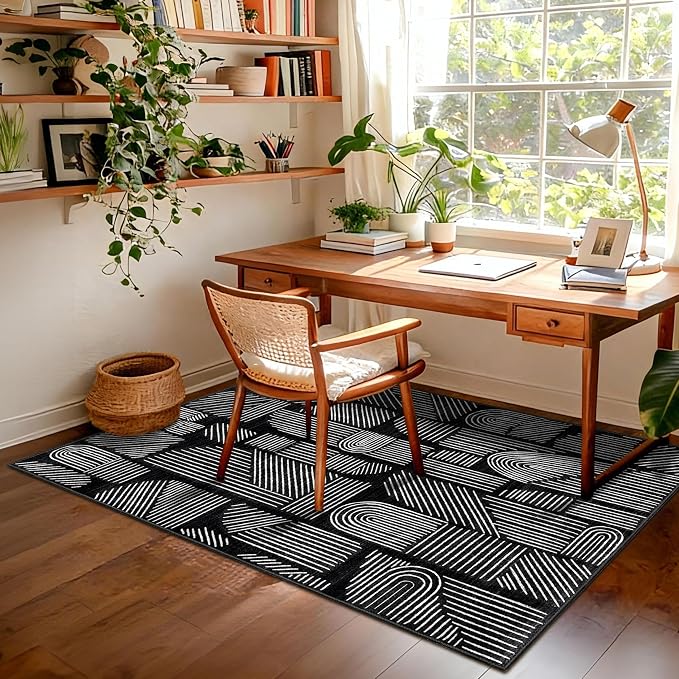 MUJOO 3x5 Washable Rug,Mid Century Modern Abstract Non Slip Low Pile Area Rug,Black and White Rug for Living Room Bedroom Entryway