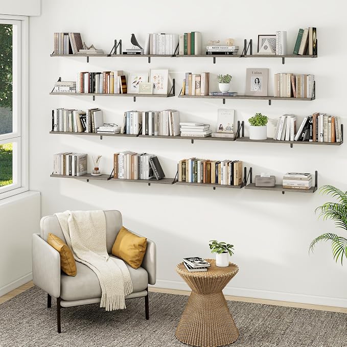 Heimlove Floating Book Shelves for Wall,35.4 Inches Long Wall Mounted Bookshelves,Heavy Duty Bracket Shelves for Living Room Kitchen,Laundry Room Storage & Decor,Set of 3,Silver Grey