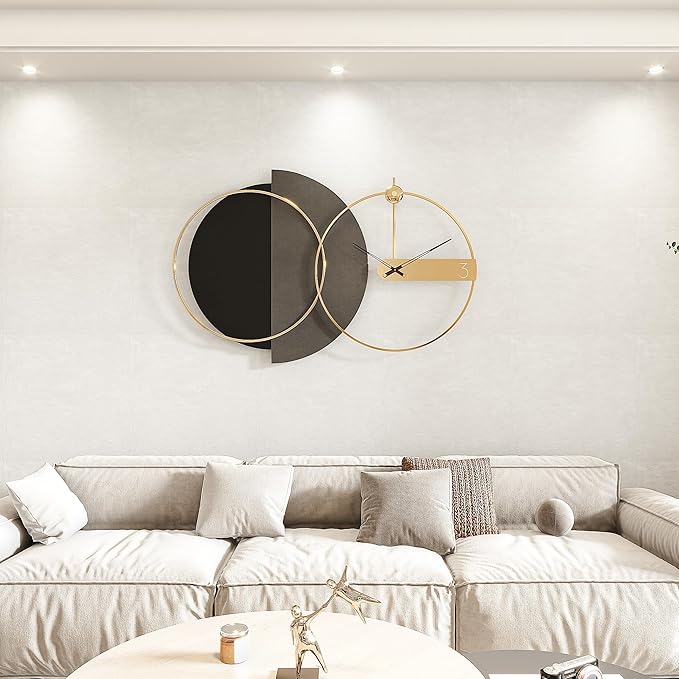 Mid Century Modern Large Gold Silent Wall Clock Non Ticking for Living Room, 43"X27.5" Giant Decorative Round Black Clock for Wall, Big Unique Metal Fancy Clock Wall Decor for Bedroom Entryway