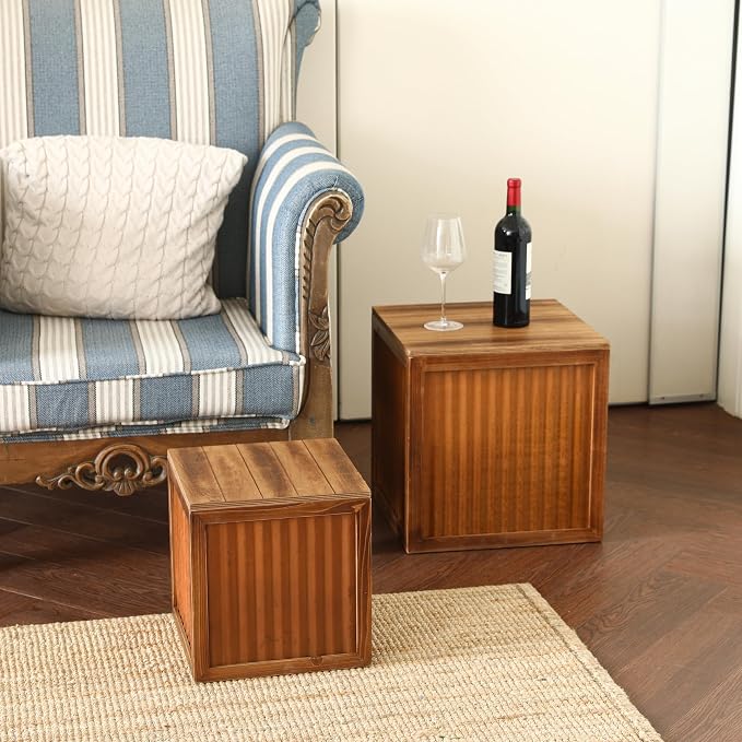 COLLECTIVE HOME - Wood Storage Ottoman, Rustic Storage Stool, 2 Pack Cube Seat Foot Rest Stool, Accent Side Table, Metal Storage Bin for Living Room Furniture, 16"/12" (Wood, Corrugated Metal)