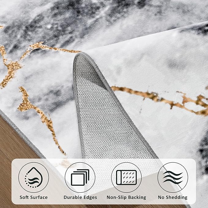 Merelax 5x8 Rug for Bedroom Livingroom - Washable Non-Slip Large Area Rug, Indoor Floor Carpet Low Pile Soft Rug for Dining Room, Mudroom, Modern Aesthetic Abstract Geometric Decor, Grey/Gold