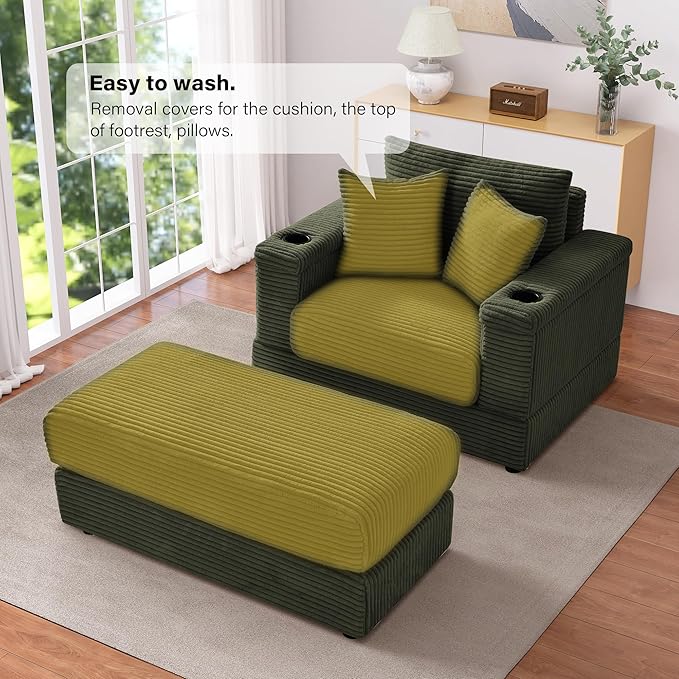 Oversized Chaise Lounge Chair Indoor with Adjustable Backrest, USB, Cup Holder & Ottoman, Firm Solid Wood Frame with Long Service Life Corduroy Oversized Lounge Reading Chair for Study Room - Green