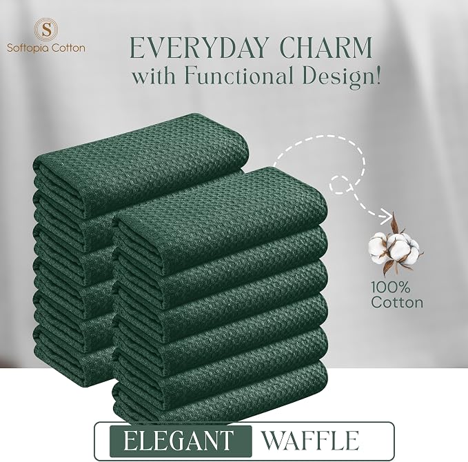 Forest Green Kitchen Towels – Waffle Weave, 100% Cotton, Soft & Absorbent, Fast Dry, Durable, 16x26 Inches, Perfect for Dish Drying, Cleaning, and Everyday Use, Set of 4, Olive Green