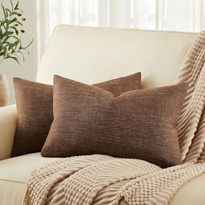 ZeeMart Rustic Cotton Linen Lumbar Throw Pillow Covers Set of 2, 12x20 Inch Brown, Farmhouse Style Decorative Couch Pillow Cases Cushion Covers for Sofa Bed Living Room Home Decor