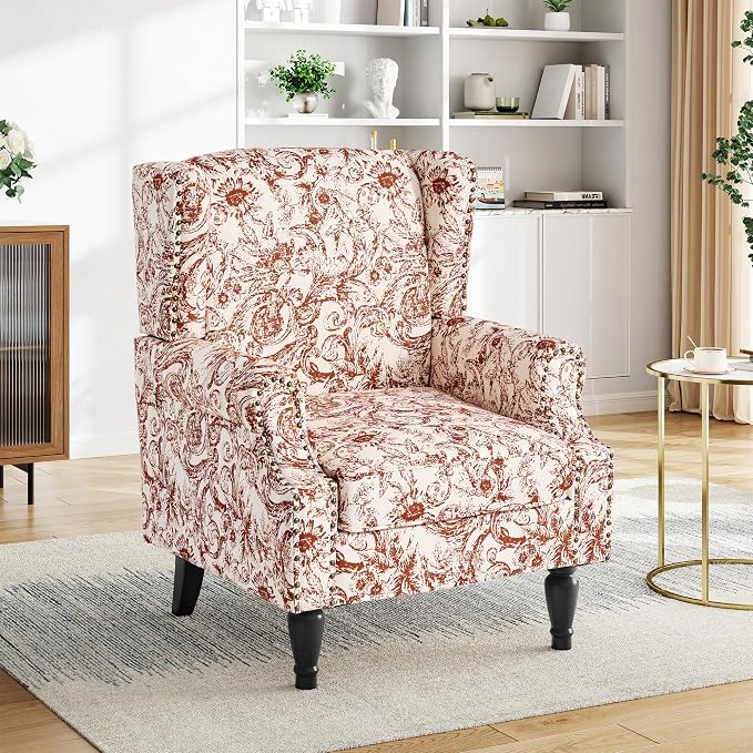 Pia Ricco Set of 2 Floral Accent Chairs, High Back Upholstered Armchairs with Retro Wingback Design, Nailhead Trim & Solid Wood Legs for Living Room Bedroom Home Office(Rococo Orange)