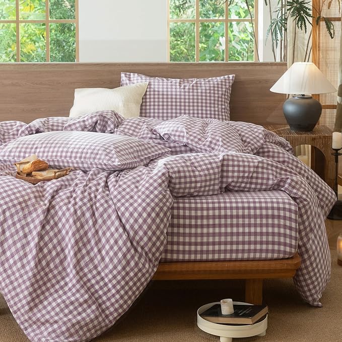 MooMee Gingham Duvet Cover Set 100% Washed Cotton Linen Like Textured Breathable Durable Soft Comfy Modern Checkered Design (Classic Gingham Light Purple, Oversized Full 82"x86")