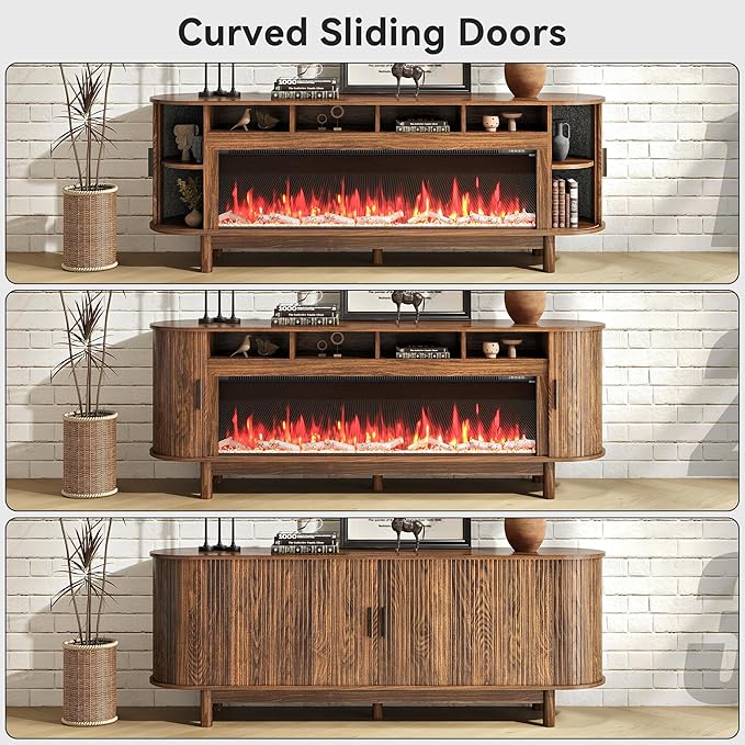 70 Inch Modern Fireplace TV Stand for TVs up to 80 inches, Mid Century TV Console with Solid Wood Legs, Sliding Doors & Curved Design,Media Console for Living Room, Brown