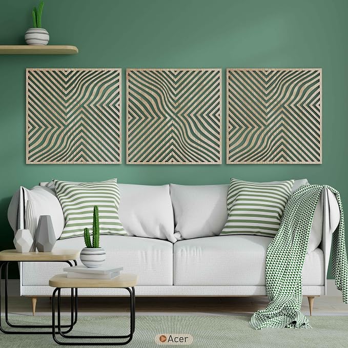Large Abstract Art featuring Geometric Optical Wave Wood Wall Decor, Mid Century Modern Wooden Wall Panels, Triptych Home Accents Gift for Living Room and Bedroom
