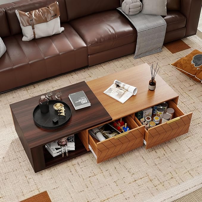 42"- 65" Extendable Coffee Table with Storage, Reversible Wood Coffee Table with 2 Drawers, Two-Tone Large Adjustable Coffee Tables for Living Room, Office (Dark Walnut)