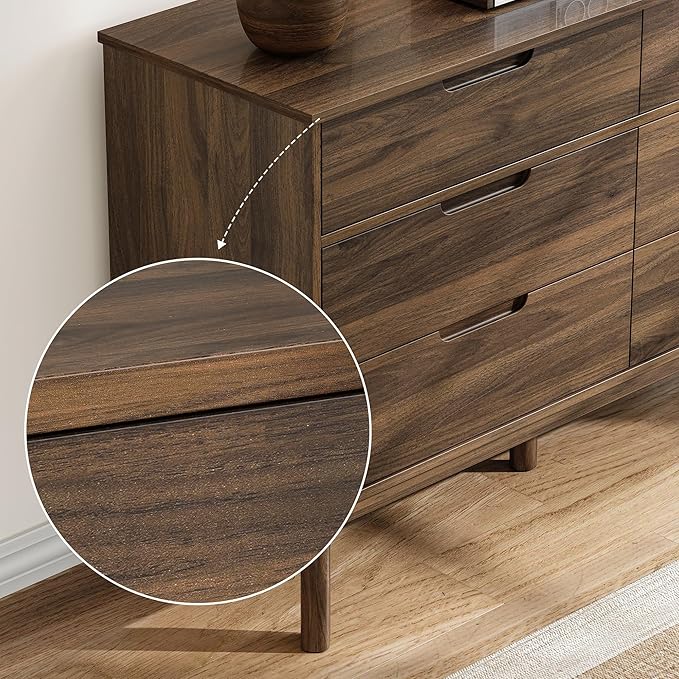 47" Wide Wooden Dresser for Bedroom, Mid-Century Modern 6 Drawer Double Dresser with Natural Wood Grain, Large Horizontal Storage Chest for Living Room, Anti-Tip Kit, Dark Walnut
