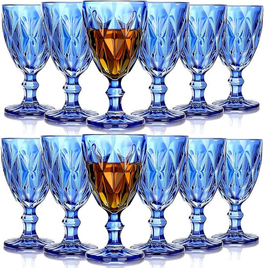 Yinder Glass Goblet Vintage Wine Goblet Embossed Glassware 10 oz Solid Color Glass Stemmed Cups for Iced Tea Beverage Soda Juice Water Liquor and Party Wedding Bars Restaurants (Blue,12 Pack)