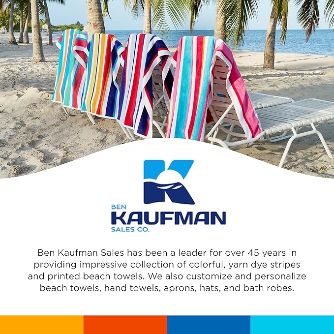 Kaufman - Joey Velour Colored Classic Multi-Color Stripe Beach & Pool Towel - Large 100% Combed Cotton Beach Towel - Soft & Absorbent Colorful Towels - 30" x 60" - 4 Pack