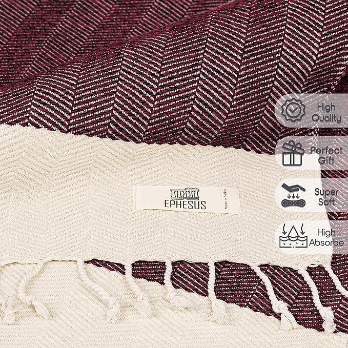 Hand Towels - Set of 2 | 18" x 30" - Decorative Turkish Hand Towel for Bathroom, Kitchen, Guest, Face, Hair, Tea, Dishcloth (Herringbone, Claret Red)