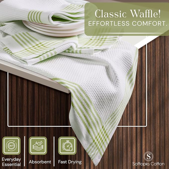 Waffle White & Lemon Green 4 Pack Kitchen Towels, 100% Cotton, 16x26 inches, Everyday Use Dish Cloths Set, Durable and Absorbent Hand Towel, Ideal for Drying Dishes, DIY Embroidery