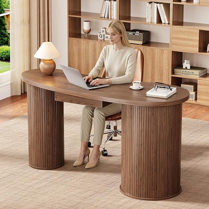 ONBRILL 59 Inches Fluted Office Desk with Storage, Bean-Shaped Computer Desk with Drawer, Mid-Century Modern Curved Corner Desk with Sliding Door for Work and Study,Walnut