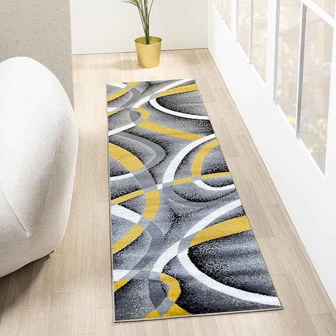 2305 Geometric Abstract Yellow 2x7 Area Rugs for Entryway