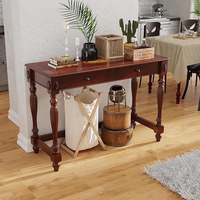 Large Computer Desk Office Table with 2 Drawers, 46" Solid Wood Study Writing Desk Workstation with Storage Space, Mid-Century Vanity Dressing Table for Home Office,Cherry Walnut BSZ1533WD