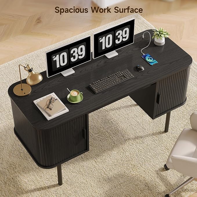 ONBRILL 55 Inch Fluted Computer Desk with Charging Station, Mid Century Executive Desk with 2 Storage Cabinets, Modern Home Office Large Desk with Metal Legs for Working, Studying, Writing, Black