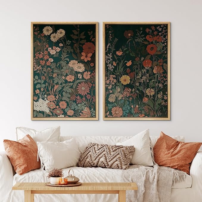 IDEA4WALL Framed Canvas Print Wall Art Set Vintage Wildflower Botanical Dark Green Floral Illustrations Modern Art Decorative Bohemian Calm/Zen for Living Room, Bedroom, Office - 16"x24"x2 Natural