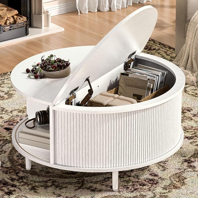 Round Coffee Table, 31.5" Fluted Center Table with Storage, Lift-Top Coffee Table with Adjustable Footpads, Sliding Door, Mid-Century Modern Center Table for Living Room, Small Space (Pure White)