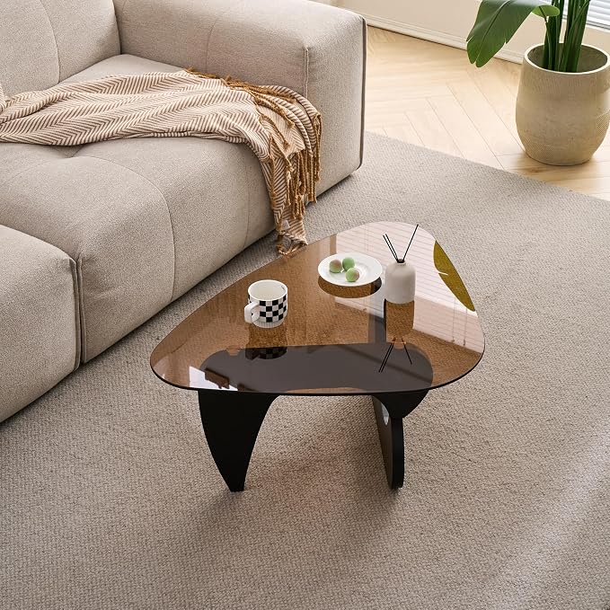 43.3'' Modern Brown Glass Coffee Table with Geometry Base, Triangle Shape Coffee Table for Living Room Office, Black Finish Wood Base, Mid-Century Style Cocktail Center Table for Small Space