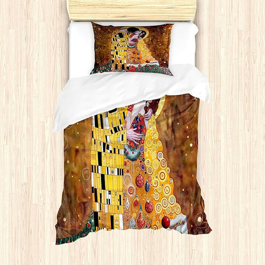 Ambesonne Christmas Duvet Cover Sets, Romantic Xmas in Golden Yellow Tones Theme with Man and Woman Kissing, Bedding Set with 2 Duvet Covers & 2 Pillowcases, 2 Pack Twin Size, Ginger Mustard Amber
