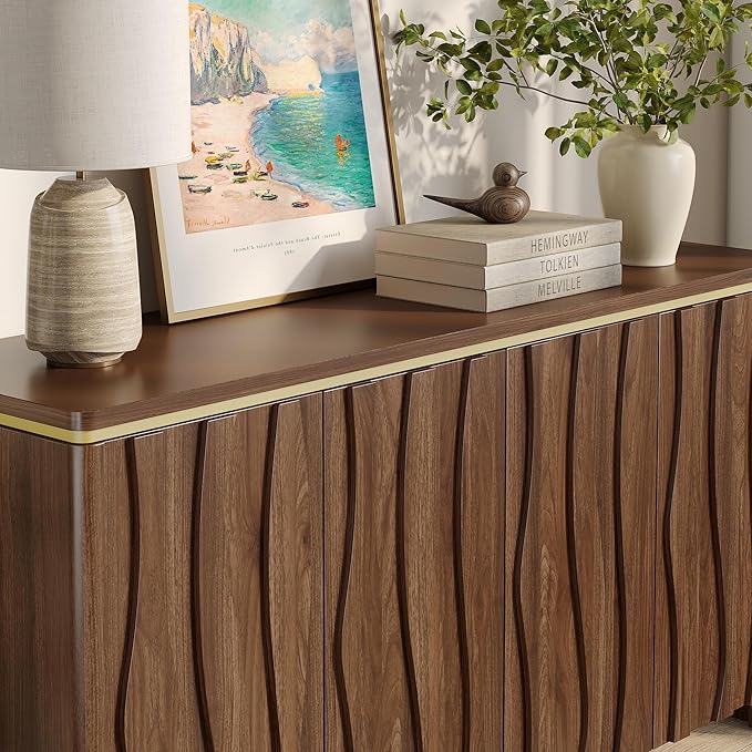 Vabches Fluted Buffet Cabinet with Storage, 3D Ripple Pattern Doors and Curved Edges, Modern Sideboard for Kitchen, Entryway, 4 Doors & Adjustable Shelf, Walnut Wood, 57.9" W