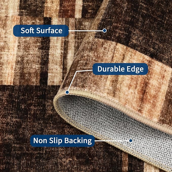 Modern Area Rugs 5x7 Washable Rugs for Bedroom Geometric Throw Rugs with Non-Slip Backing, Non-Shedding Contemporary Accent Carpet, Low Pile Floor Cover for Bedroom, Office, Brown