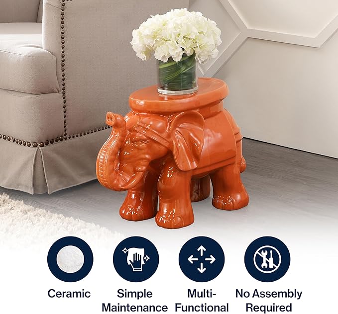 JONATHAN Y TBL1007C White Elephant 14.25" Ceramic Indoor/Outdoor Garden Stool Coastal, Contemporary, Transitional, Patio, Garden Room, Bathroom, Living Room, Orange