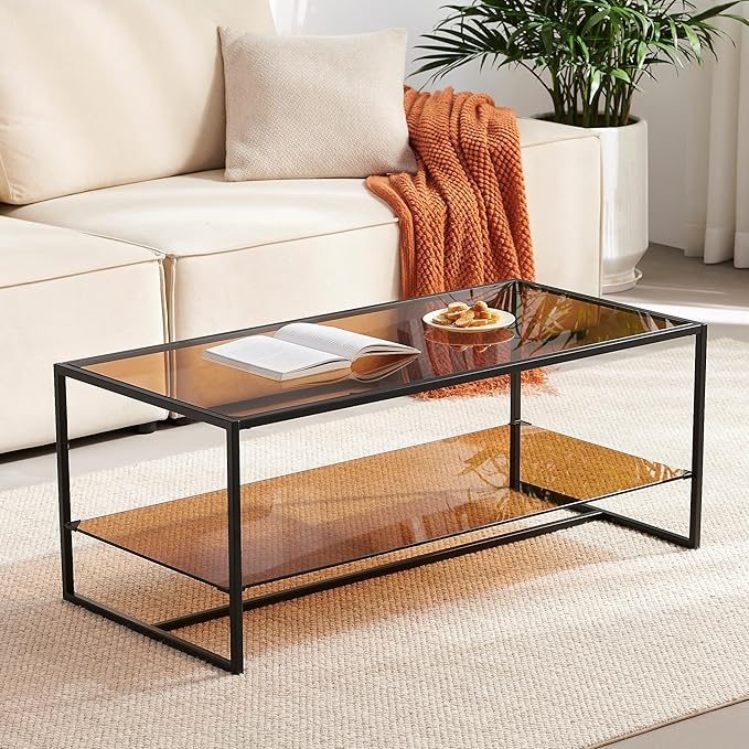 Shrine Brown Glass Coffee Table, Modern Design, Dual-Layer Coffee Table for Living Room, Black-Plated Metal Frame, Brown Glass Top
