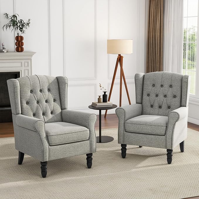 High Back Accent Chair, Fabric Upholstered Armchair Retro Wingback Arm Chair for Living Room, Comfy Single Sofa Bedroom Reading Seat with Solid Wood Legs - Light Gray