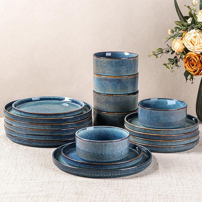 GBHOME 24-Piece Stoneware Dinnerware Set for 8 – Ribbed Ceramic Plates and Bowls, Scratch-Resistant, Microwave & Dishwasher Safe, Reactive Glaze, Ceylon Blue
