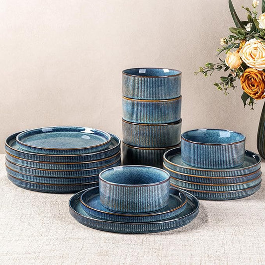 GBHOME 18-Piece Stoneware Dinnerware Set for 6 – Ribbed Ceramic Plates and Bowls, Scratch-Resistant, Microwave & Dishwasher Safe, Reactive Glaze, Ceylon Blue