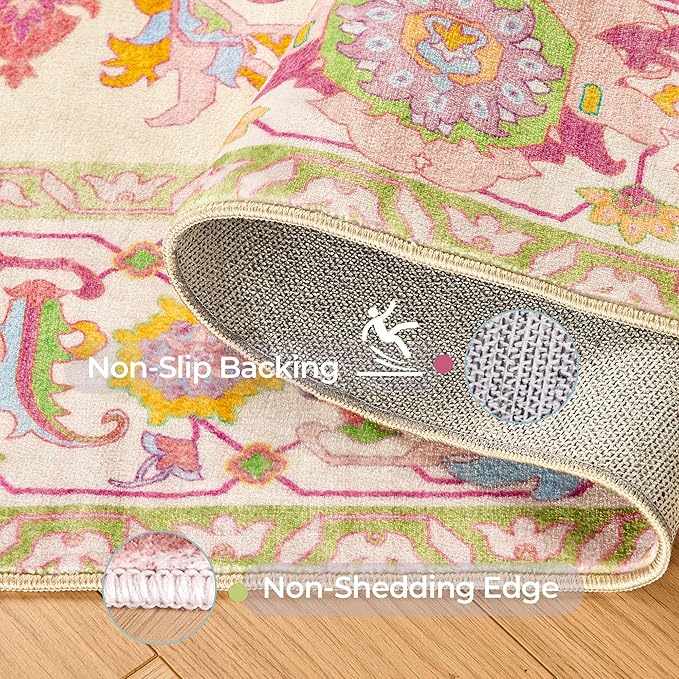 Kokia 8x10 Area Rugs Living Room Washable Non Slip Low Pile Vintage Ivory Pink Stain Resistant Soft Large Oriental Rugs for Bedroom, Dining Room, Kitchen, Indoor Leisure Rooms, Nova Vanillaa
