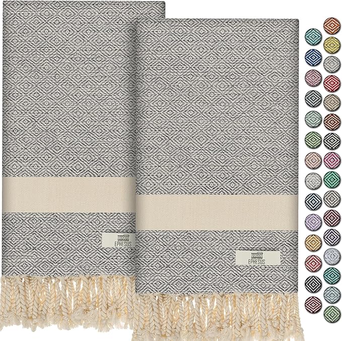 Hand Towels - Set of 2 | 18" x 30" - Decorative Turkish Hand Towel for Bathroom, Kitchen, Guest, Face, Hair, Tea, Dishcloth (Diamond, Light Grey)