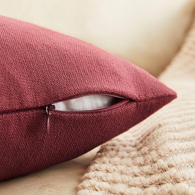ZeeMart Rustic Cotton Linen Throw Pillow Covers Set of 2, 20x20 Inch Burgundy, Farmhouse Style Decorative Couch Pillow Cases Cushion Covers for Sofa Bed Living Room Home Decor