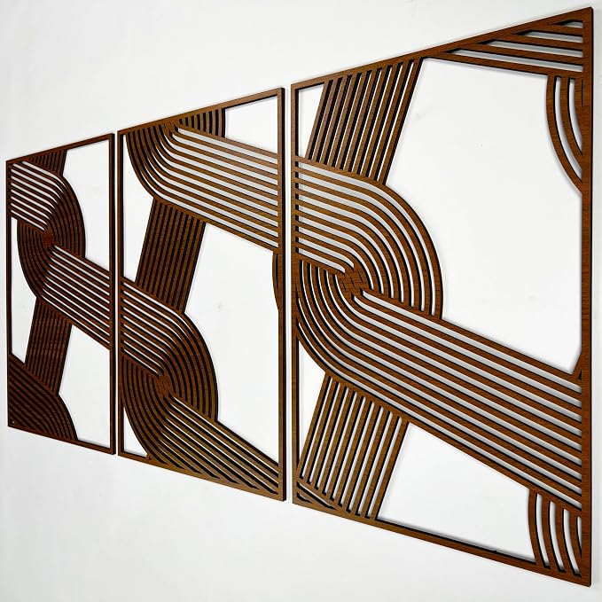 Minimalist Woven Wooden Wall Decor Set of 3, Abstract Large Overlapping Geometric Stripe Wood Wall Art, Mid-Century Modern Home Gift for Living Room and Bedroom