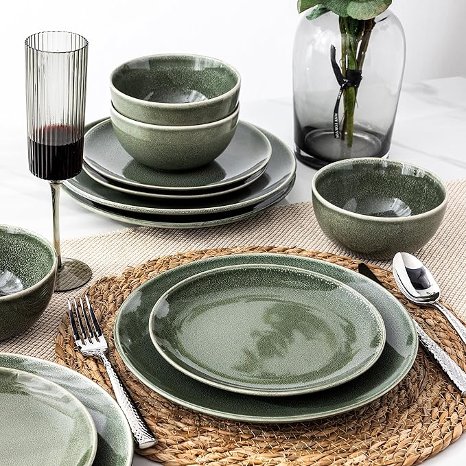 AmorArc Ceramic Dinnerware Sets for 8, 24 Pieces Handpainted Plates and Bowls Set, Scratch Resistant Stoneware Dishes Set, Dishwasher & Microwave Safe, Jade Green