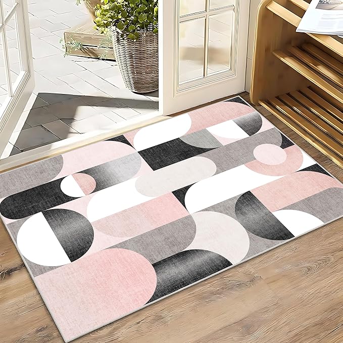 Small Rugs 2x3 Pink Rug for Entryway Bathroom Kitchen Entrance Doormat,Modern Washable Boho Accent Floor Throw Carpet Non Slip,Blush Grey Black