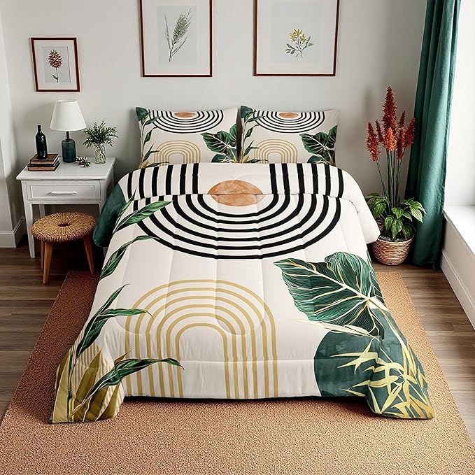 Erosebridal Mid Century Boho Bedding Set Full Size Abstract Art Simple Comforter Set,Minimalist Tropical Palm Leaves Bedding Comforter Sets Modern Bohemian Aesthetic Quilt,Green Gold