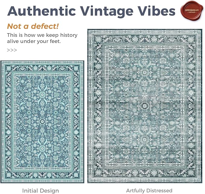 OPPODREAM Vintage Teal Area Rugs 5x7, 5 x 7 Retro Washable Rug Non Slip, Low-Pile Faux Wool Carpet, Distressed Floor Mat for Living Room, Bedroom, Kitchen, Office, Dorm, Dinning Room