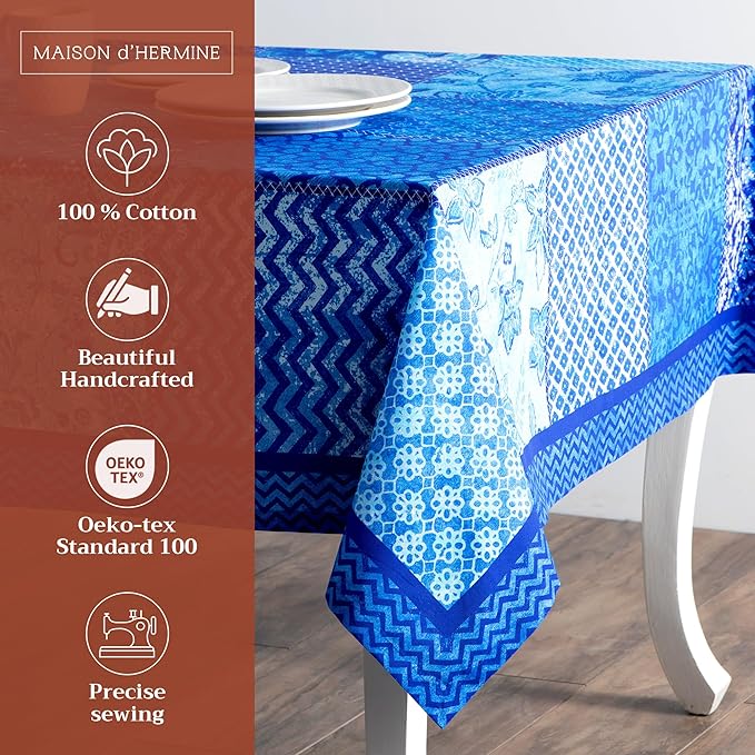 Maison d' Hermine Table Cloth Rectangle Table 100% Cotton 70 x 90 Inches Tablecloth Reusable Decorative for Dining Room Farmhouse Home Valentines Day Decorations Spring Summer - Indigo Love