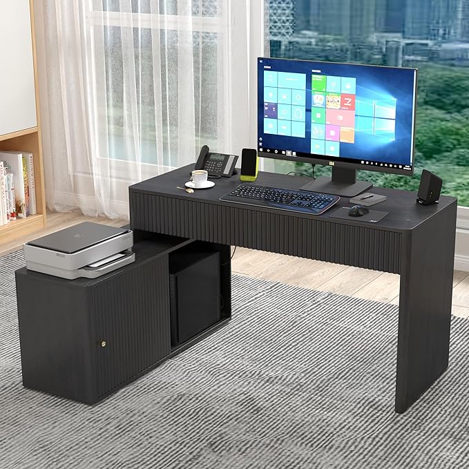 Modern Computer PC Desk Table with Storage, Corner L Shaped Desk with Drawers, Home Office Desk for Bedroom and Small Space, for Writing, Executive, Study, Work, Vanity - Black